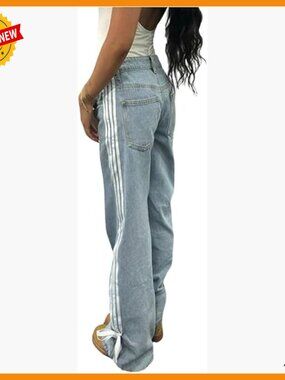 Straight Leg Low Rise Denim Jeans with Side Stripes and Bow Knot